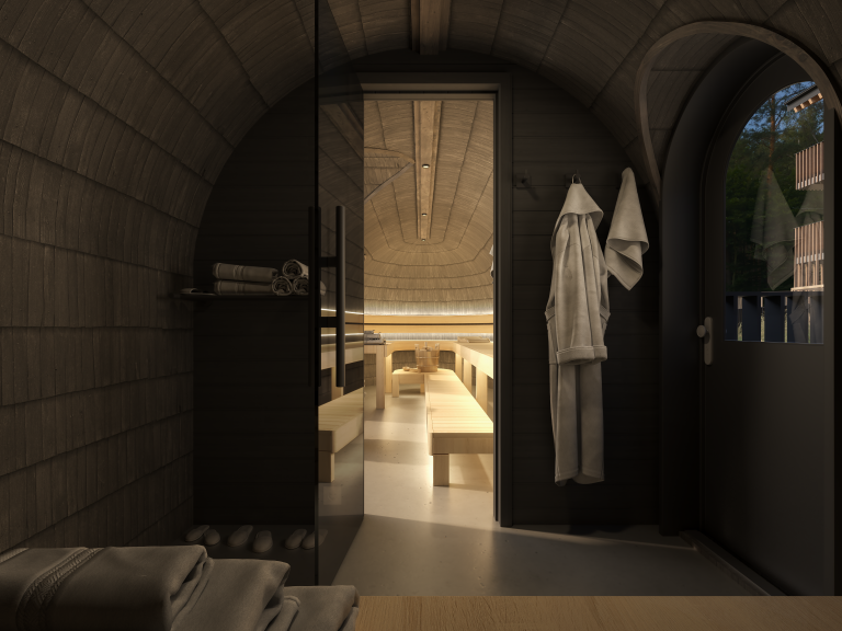 Sauna von innen mit hellen Holzbänken und Bademantel