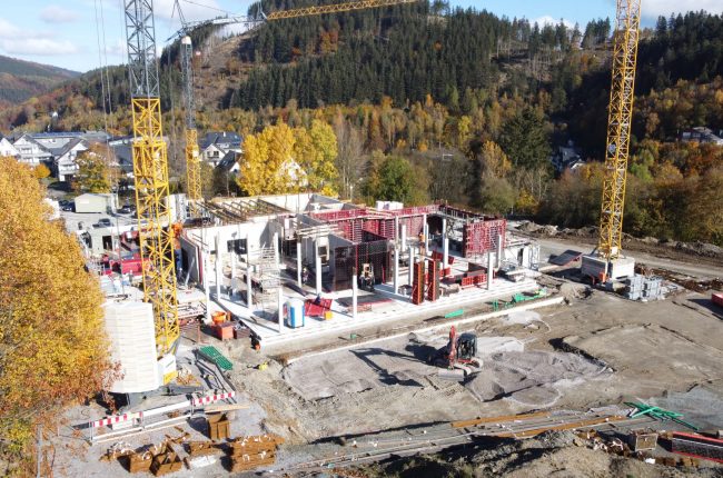 Drone shot of the Schutzhütte Hotel construction site in Willingen