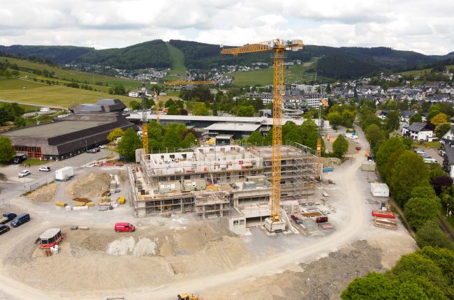 Drone shot of the construction site of the Schutzhütte Hotel in Willingen